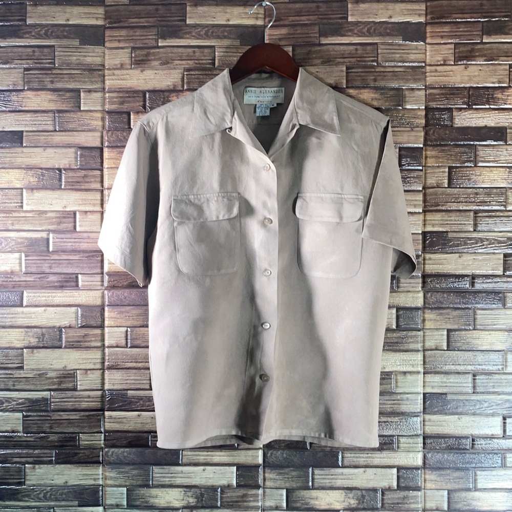89’s Vintage Annie Alexander Medium EUC Tan Workshirt Silk Blend Heavy Starch
